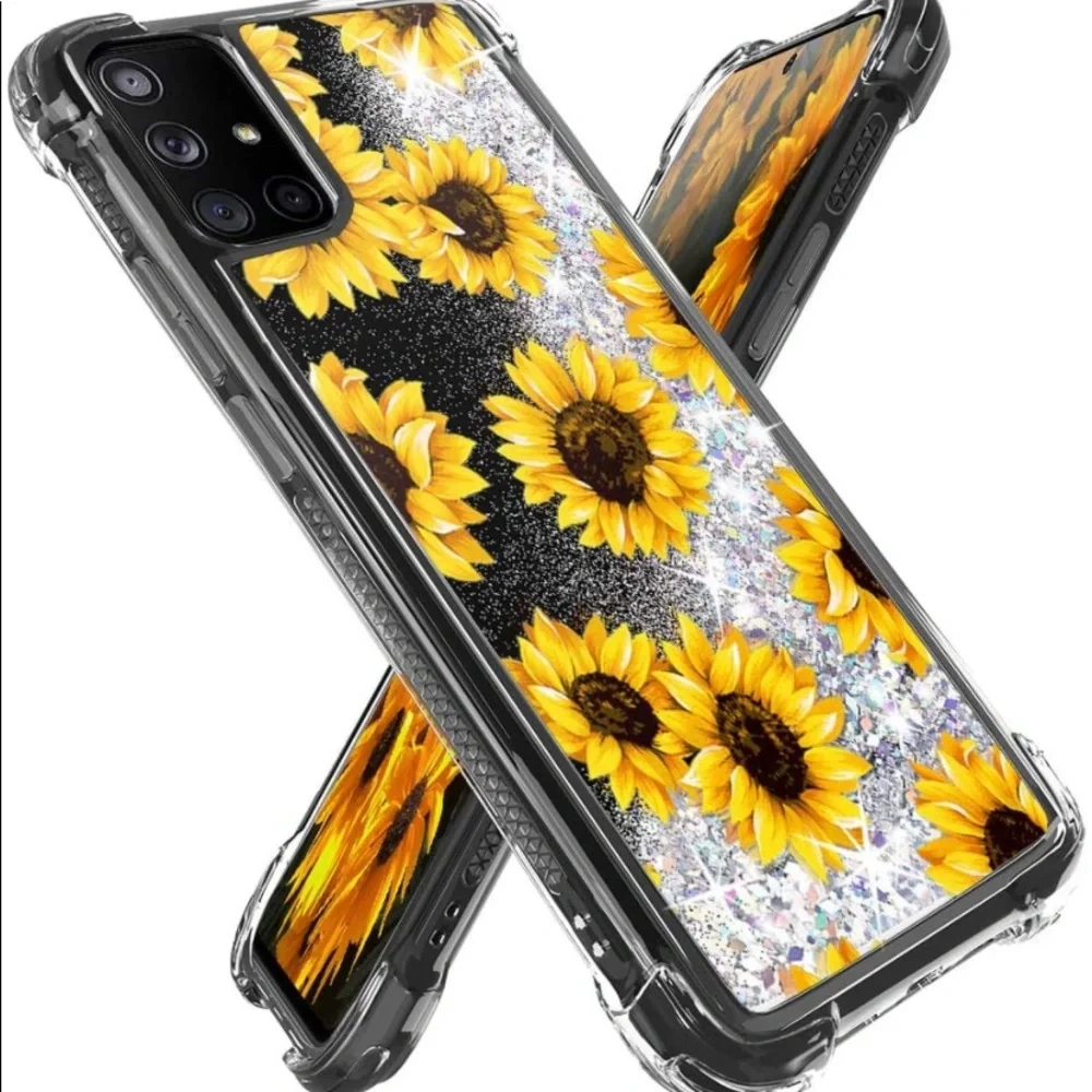5for$10 Galaxy A71 4G, J7 2017 Bling Liquid Glitter Case Reinforced -Sunflower